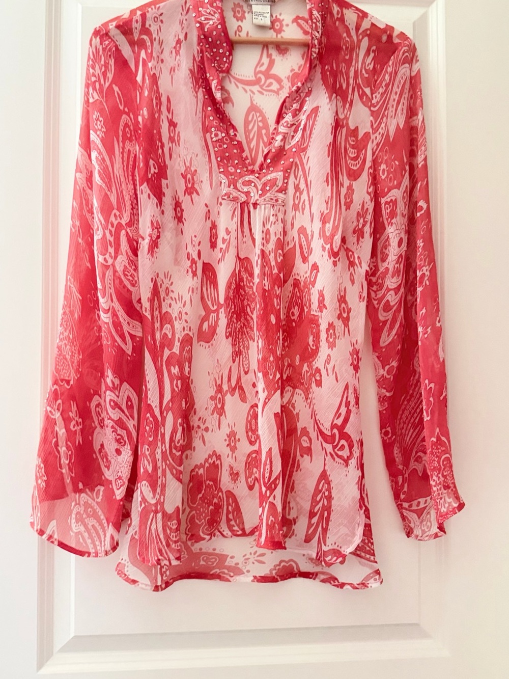 JohnPaulRichard Red Paisley Sheer Tie-Neck Blouse